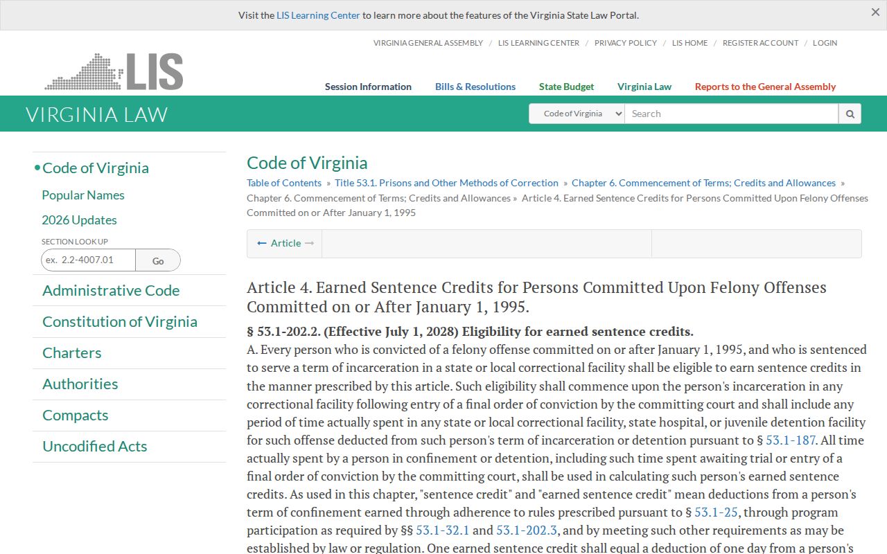 Virginia earned sentence credit rules for Greene County release date lookup