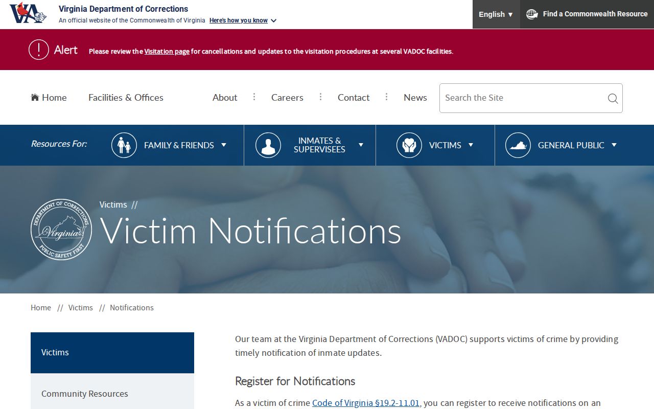 Greene County state custody release notification page for VADOC NAAVI